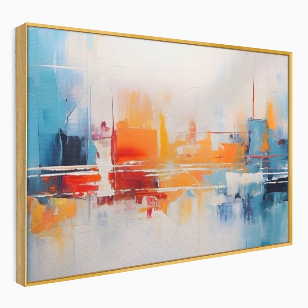 Tablou canvas cu pictura abstracta cu peisaj urban, in rama de aluminiu auriu